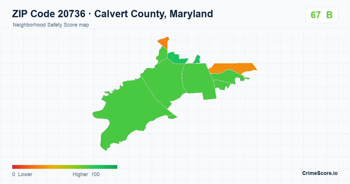 ZIP Code 20736 in Calvert County, Maryland neighborhood Safety Score map