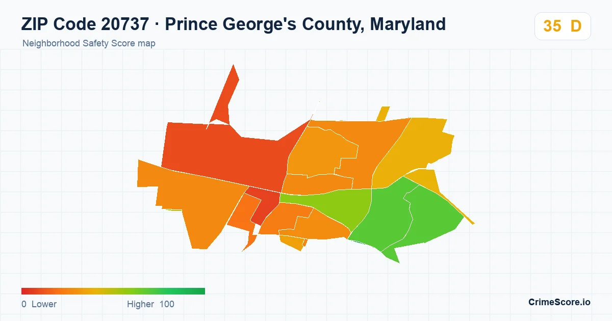 ZIP Code 20737 in Prince George's County, Maryland neighborhood Safety Score map