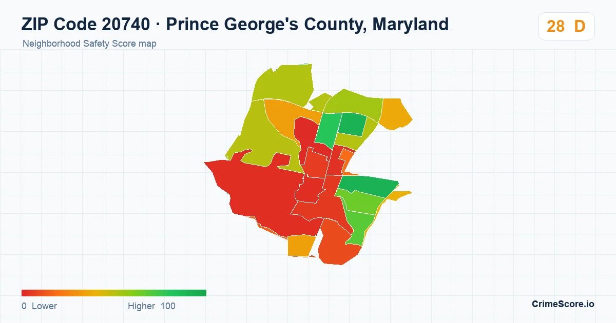 ZIP Code 20740 in Prince George's County, Maryland neighborhood Safety Score map