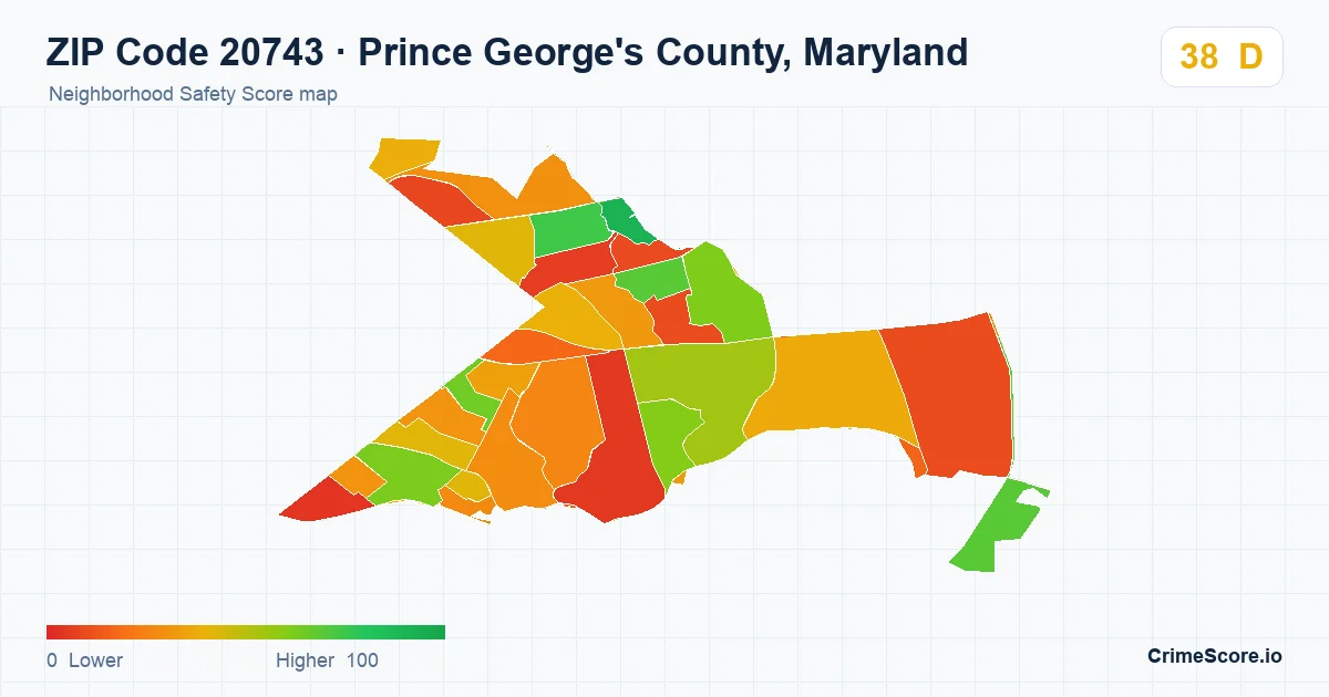 ZIP Code 20743 in Prince George's County, Maryland neighborhood Safety Score map