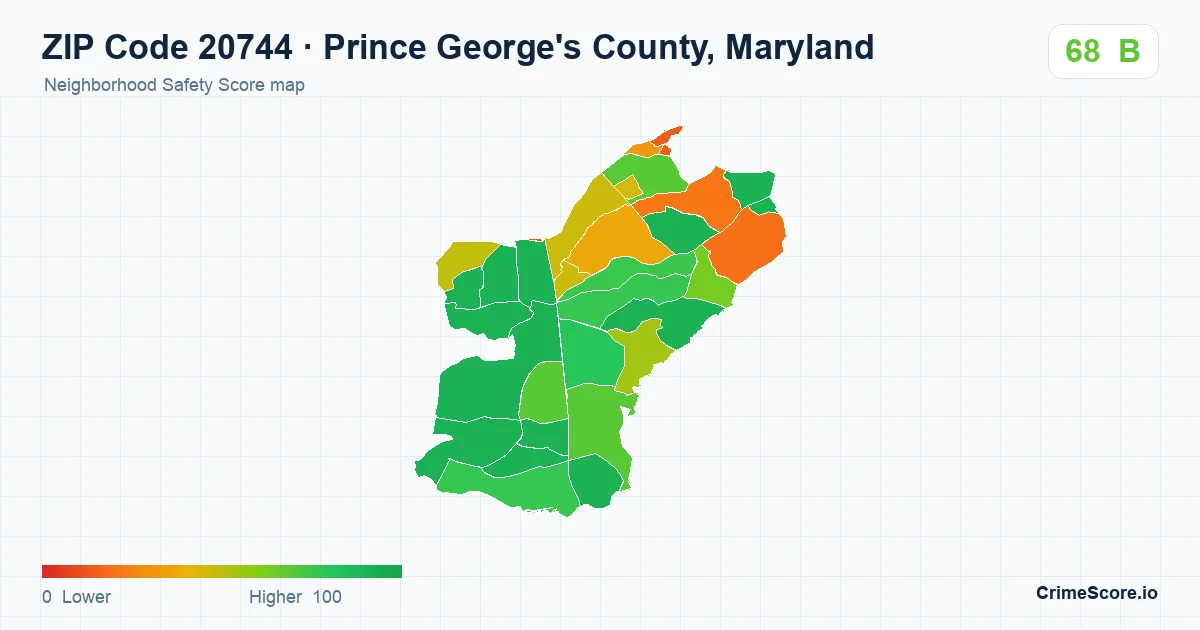 ZIP Code 20744 in Prince George's County, Maryland neighborhood Safety Score map