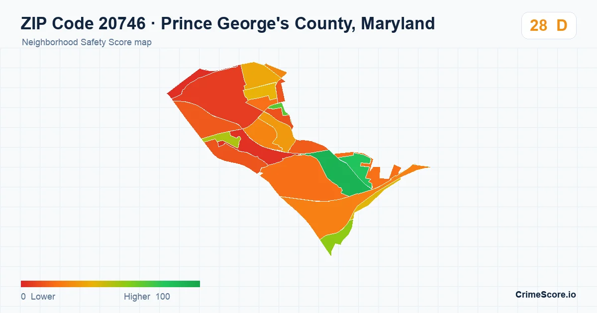 ZIP Code 20746 in Prince George's County, Maryland neighborhood Safety Score map