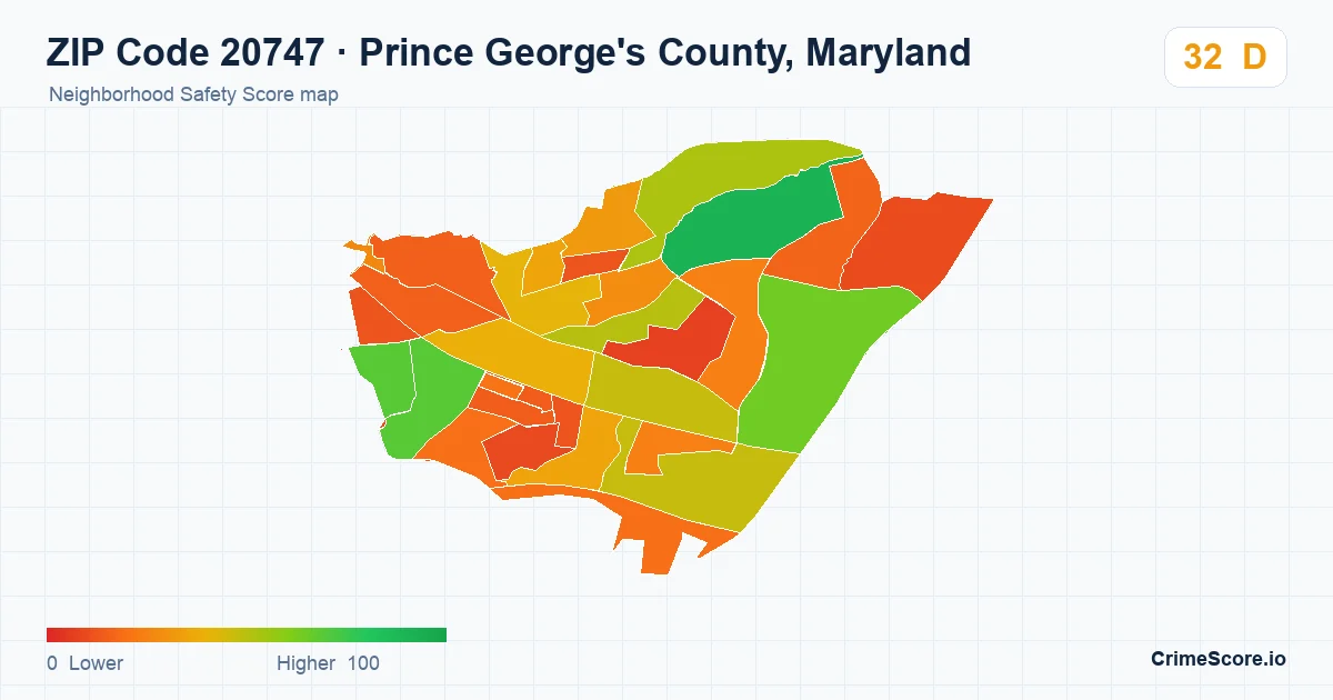 ZIP Code 20747 in Prince George's County, Maryland neighborhood Safety Score map