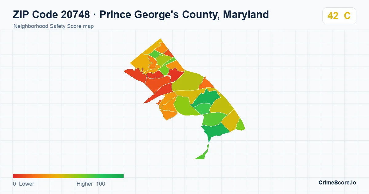 ZIP Code 20748 in Prince George's County, Maryland neighborhood Safety Score map