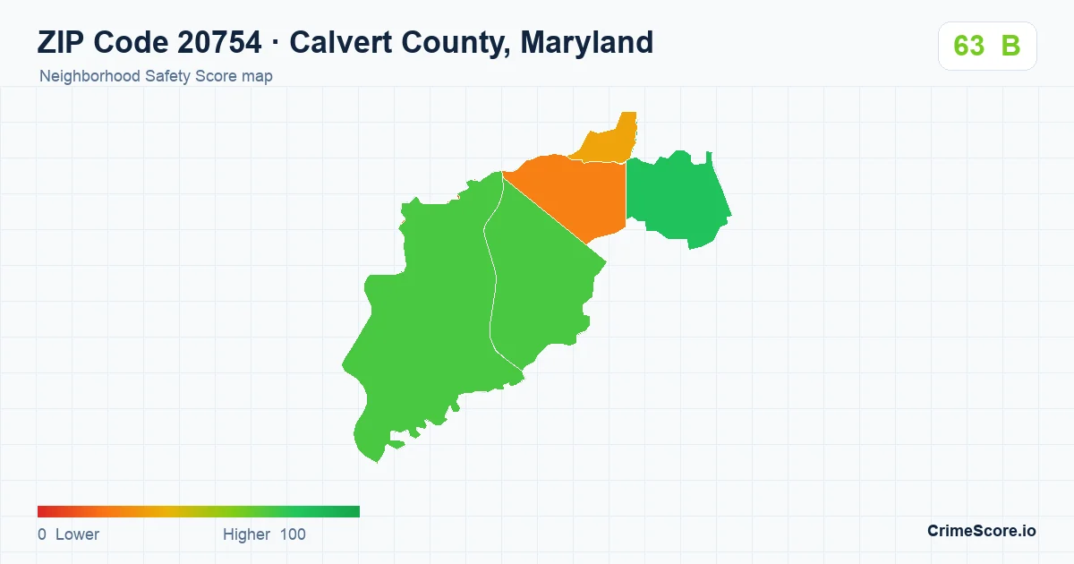ZIP Code 20754 in Calvert County, Maryland neighborhood Safety Score map