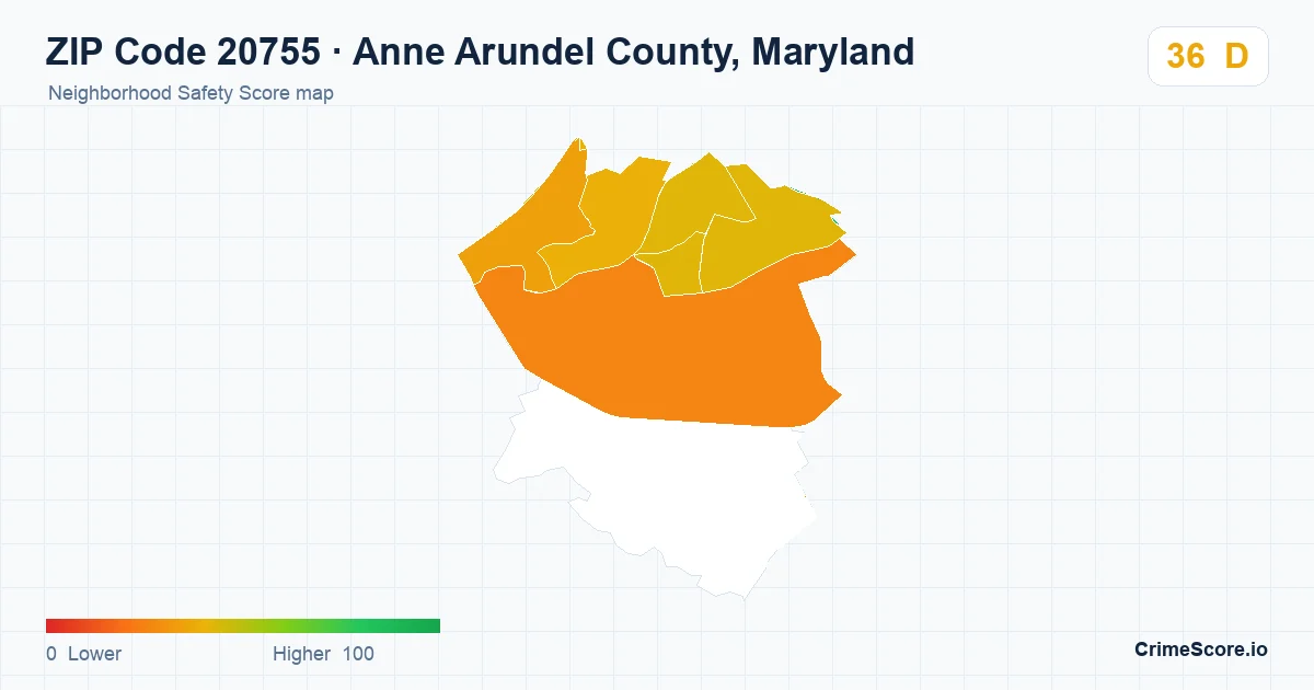 ZIP Code 20755 in Anne Arundel County, Maryland neighborhood Safety Score map