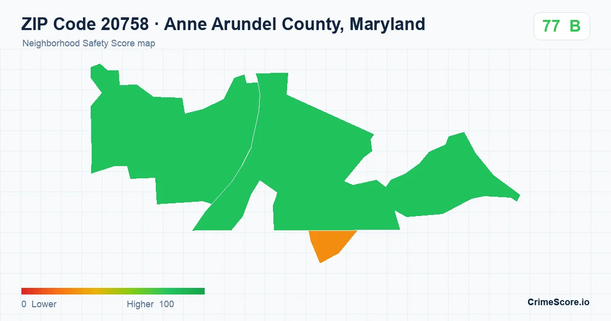 ZIP Code 20758 in Anne Arundel County, Maryland neighborhood Safety Score map