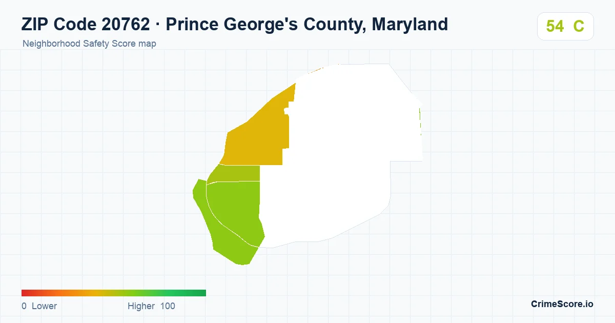 ZIP Code 20762 in Prince George's County, Maryland neighborhood Safety Score map