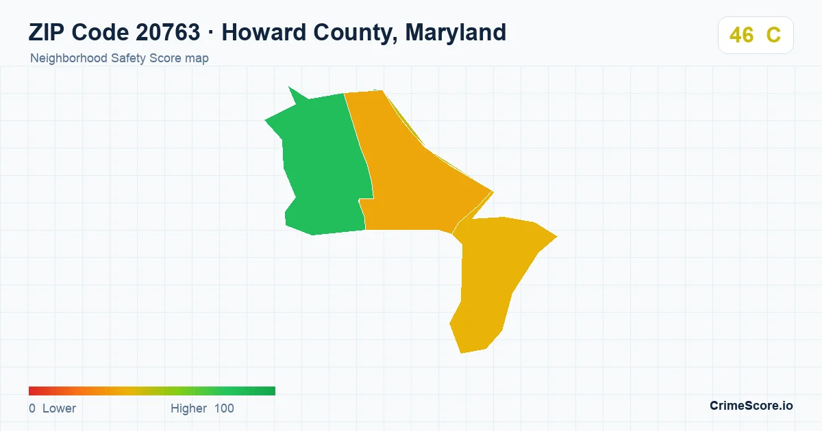 ZIP Code 20763 in Howard County, Maryland neighborhood Safety Score map