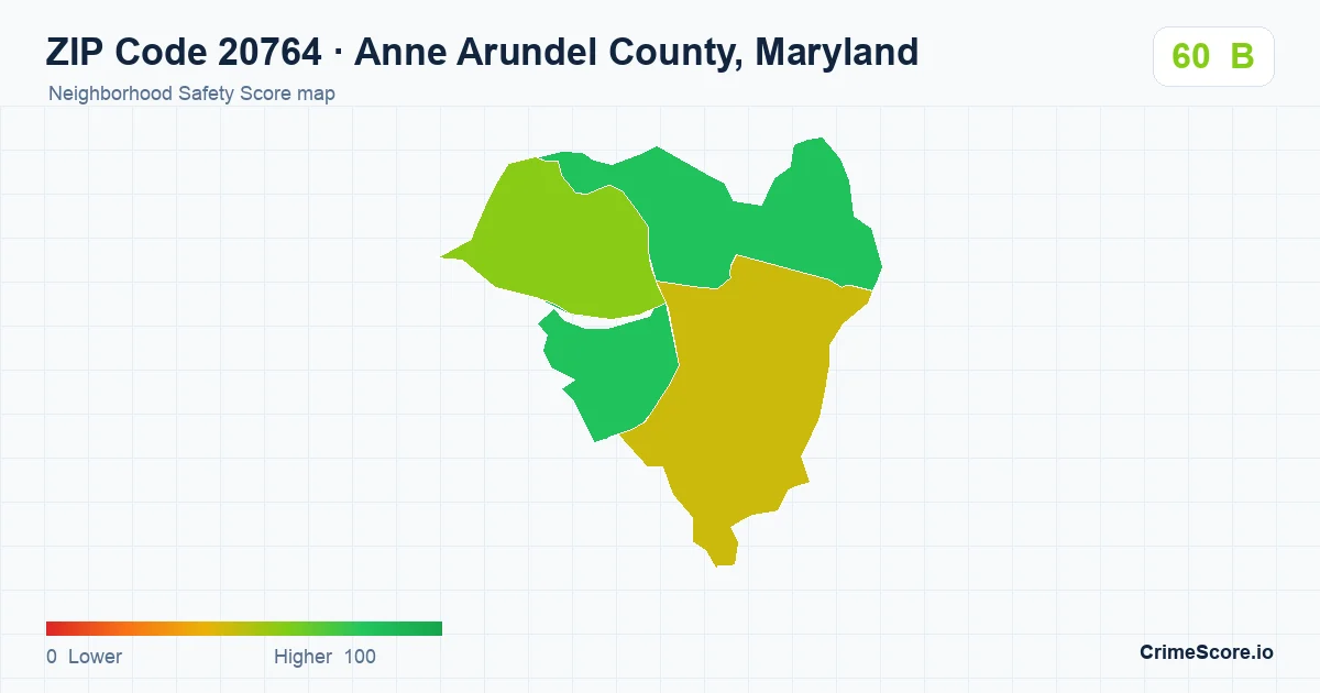 ZIP Code 20764 in Anne Arundel County, Maryland neighborhood Safety Score map