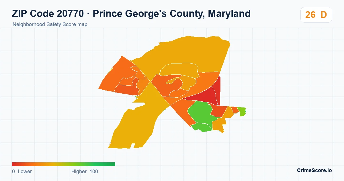 ZIP Code 20770 in Prince George's County, Maryland neighborhood Safety Score map