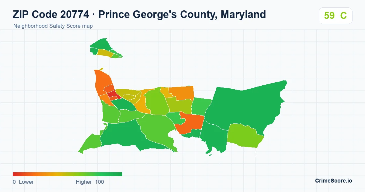 ZIP Code 20774 in Prince George's County, Maryland neighborhood Safety Score map