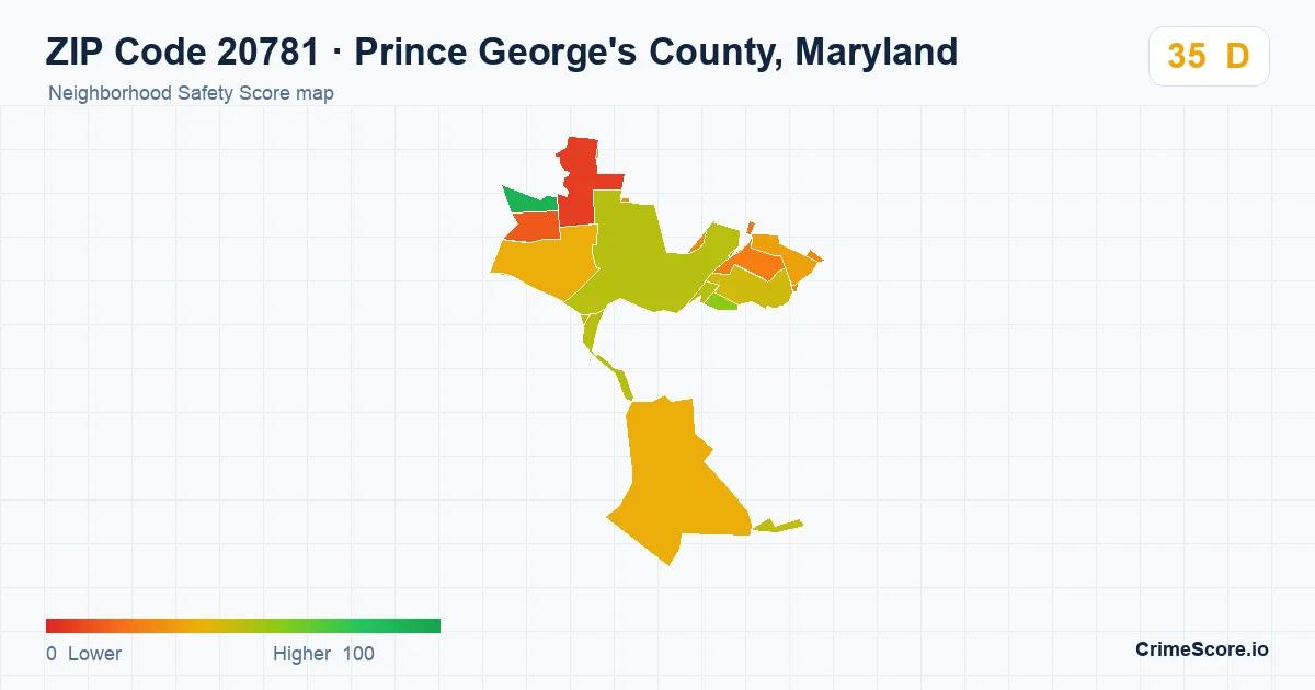 ZIP Code 20781 in Prince George's County, Maryland neighborhood Safety Score map