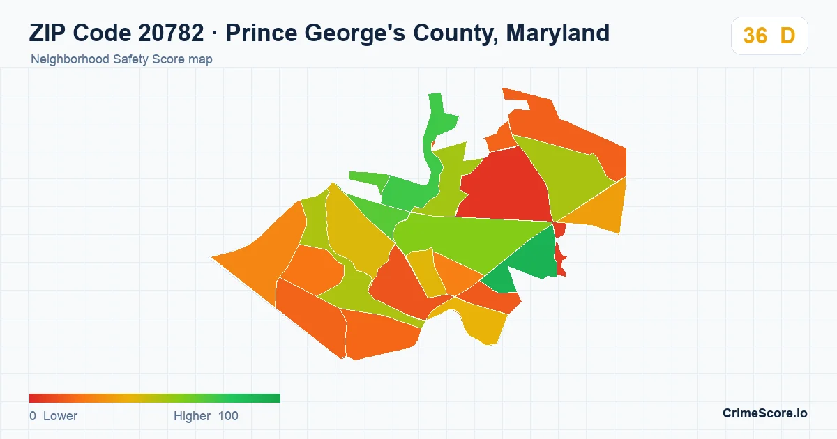 ZIP Code 20782 in Prince George's County, Maryland neighborhood Safety Score map