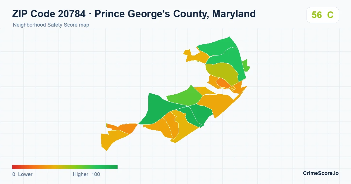 ZIP Code 20784 in Prince George's County, Maryland neighborhood Safety Score map