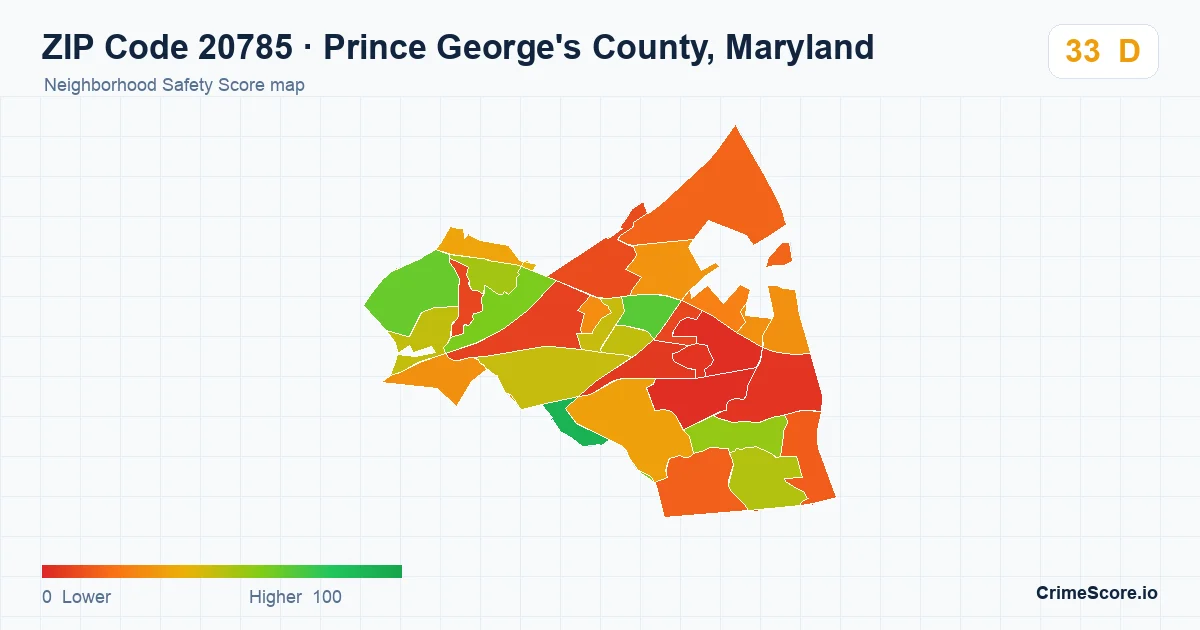 ZIP Code 20785 in Prince George's County, Maryland neighborhood Safety Score map