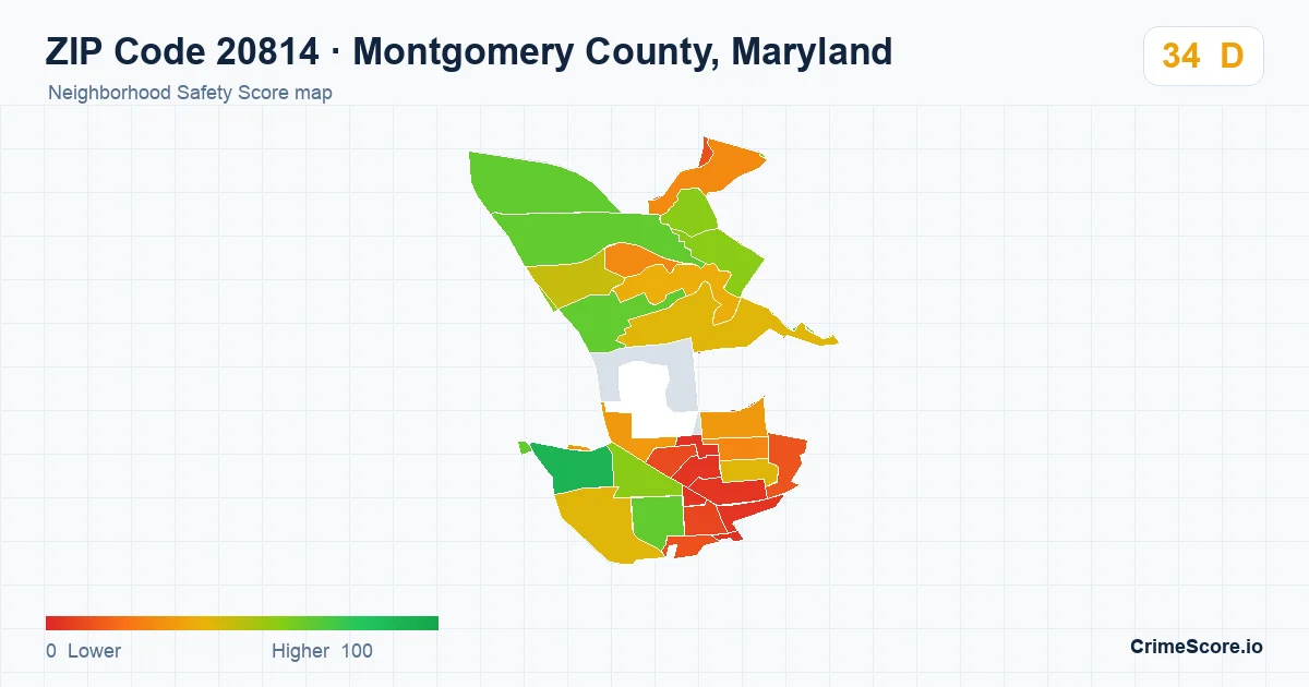 ZIP Code 20814 in Montgomery County, Maryland neighborhood Safety Score map