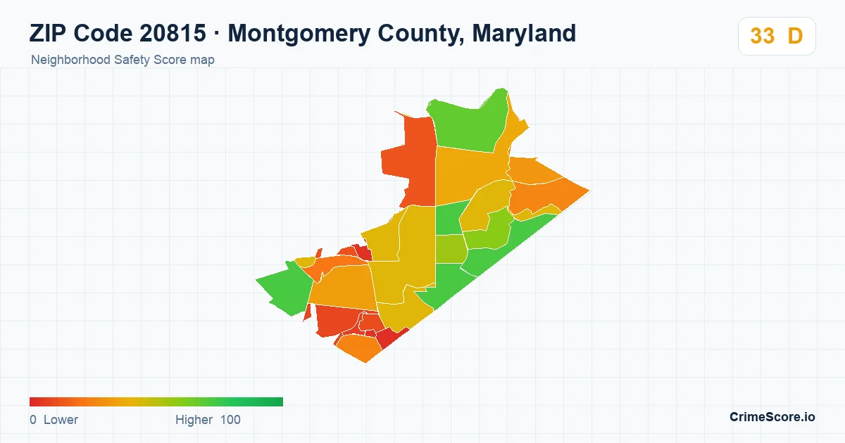 ZIP Code 20815 in Montgomery County, Maryland neighborhood Safety Score map
