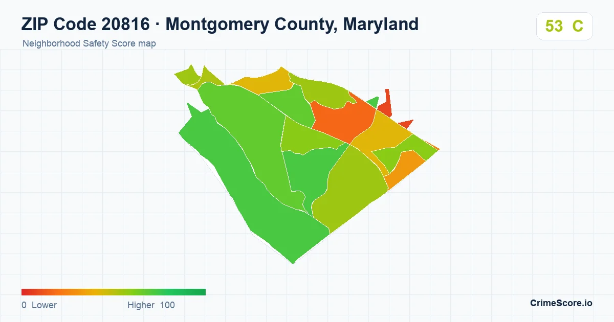 ZIP Code 20816 in Montgomery County, Maryland neighborhood Safety Score map