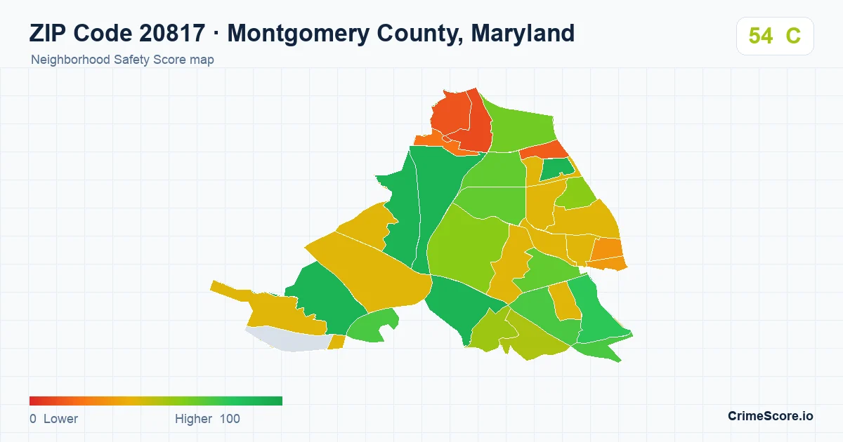 ZIP Code 20817 in Montgomery County, Maryland neighborhood Safety Score map