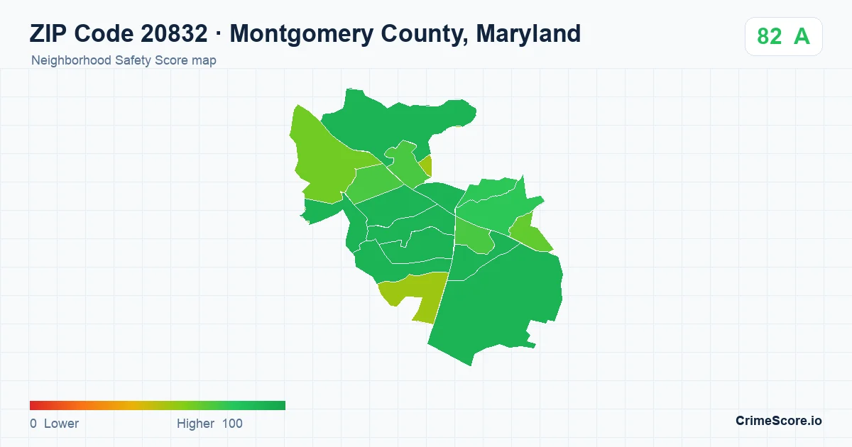 ZIP Code 20832 in Montgomery County, Maryland neighborhood Safety Score map