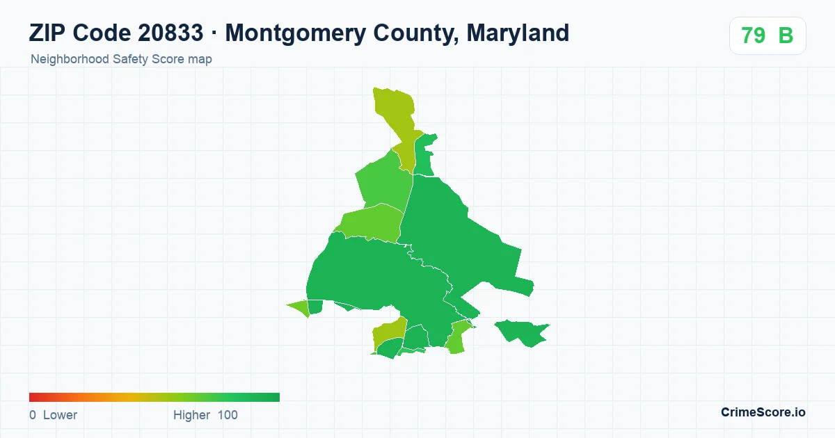 ZIP Code 20833 in Montgomery County, Maryland neighborhood Safety Score map