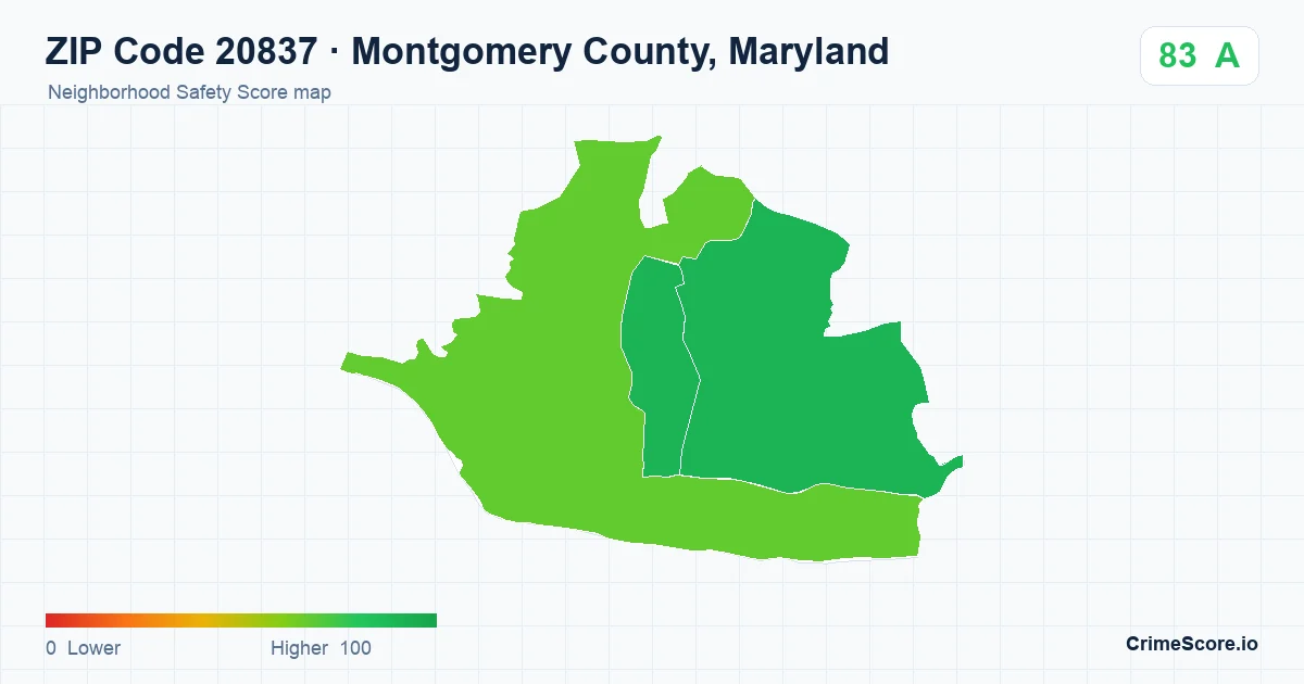 ZIP Code 20837 in Montgomery County, Maryland neighborhood Safety Score map