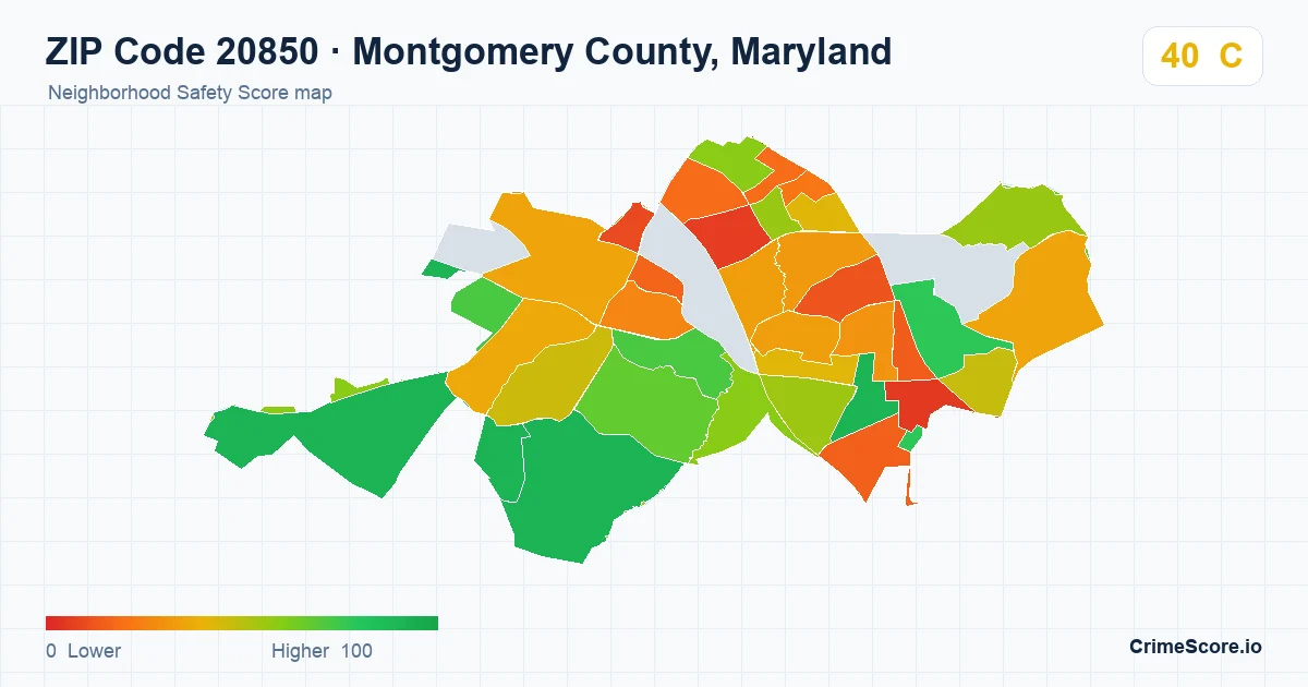 ZIP Code 20850 in Montgomery County, Maryland neighborhood Safety Score map