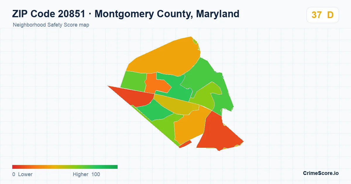 ZIP Code 20851 in Montgomery County, Maryland neighborhood Safety Score map