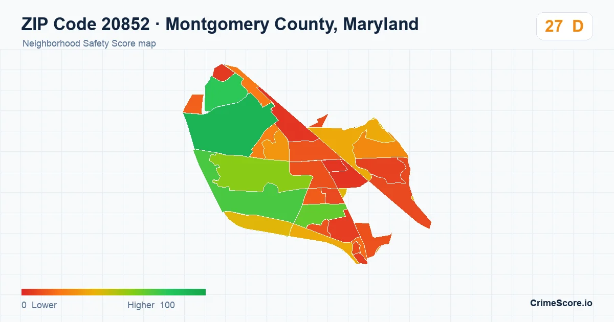 ZIP Code 20852 in Montgomery County, Maryland neighborhood Safety Score map