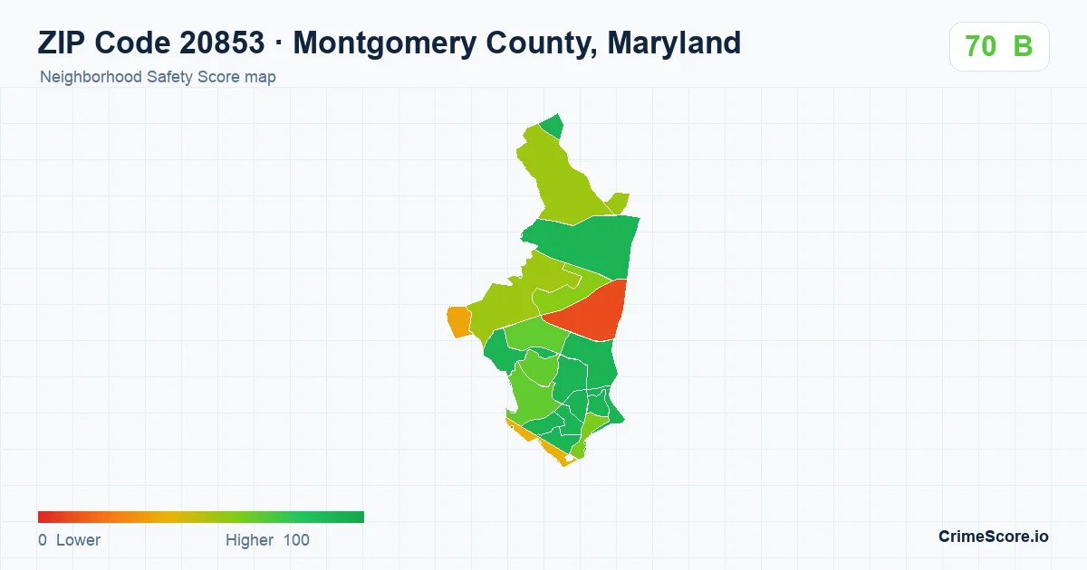 ZIP Code 20853 in Montgomery County, Maryland neighborhood Safety Score map