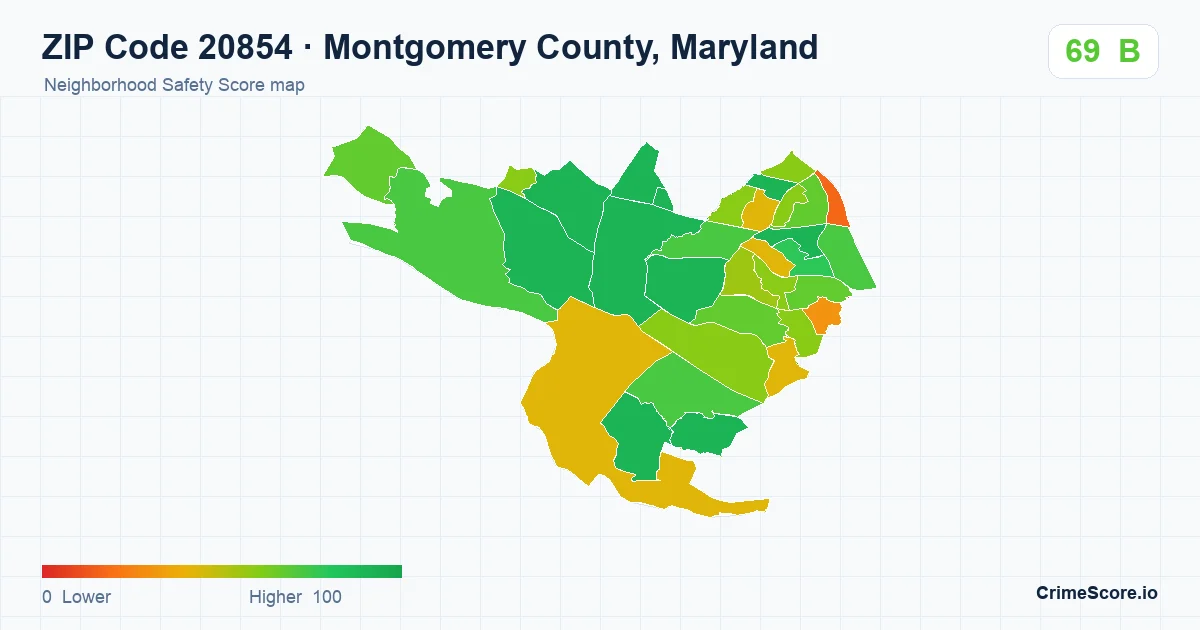 ZIP Code 20854 in Montgomery County, Maryland neighborhood Safety Score map