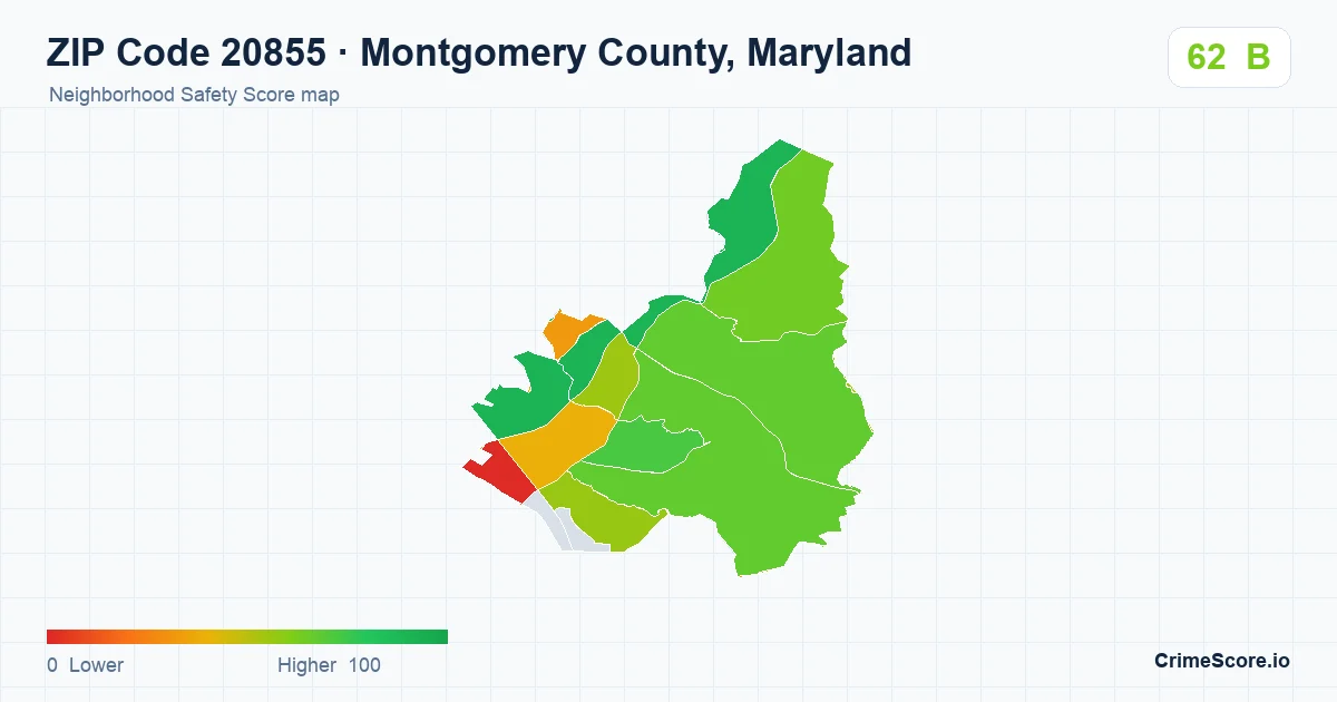 ZIP Code 20855 in Montgomery County, Maryland neighborhood Safety Score map