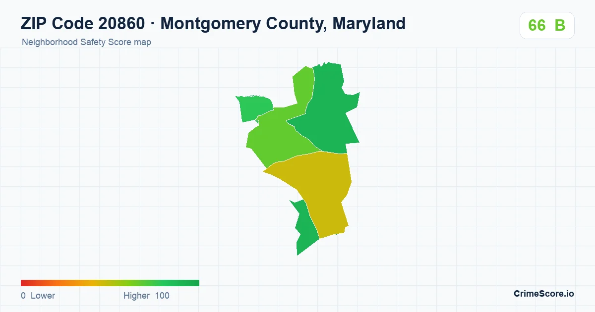 ZIP Code 20860 in Montgomery County, Maryland neighborhood Safety Score map