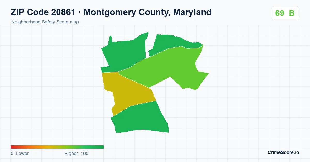 ZIP Code 20861 in Montgomery County, Maryland neighborhood Safety Score map