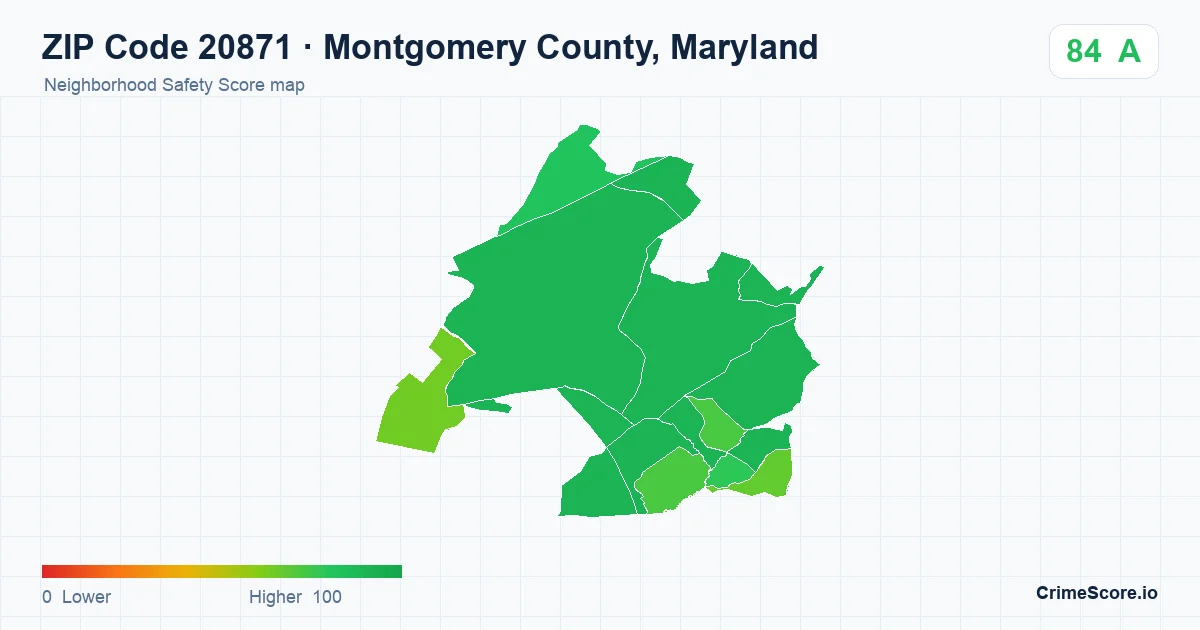 ZIP Code 20871 in Montgomery County, Maryland neighborhood Safety Score map
