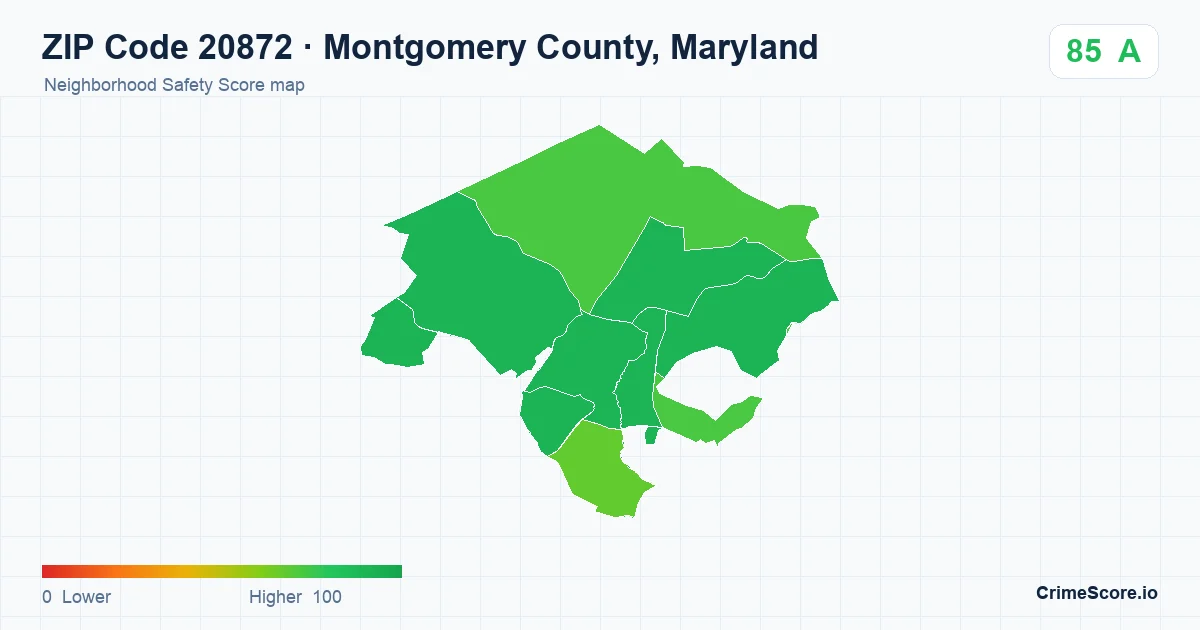 ZIP Code 20872 in Montgomery County, Maryland neighborhood Safety Score map