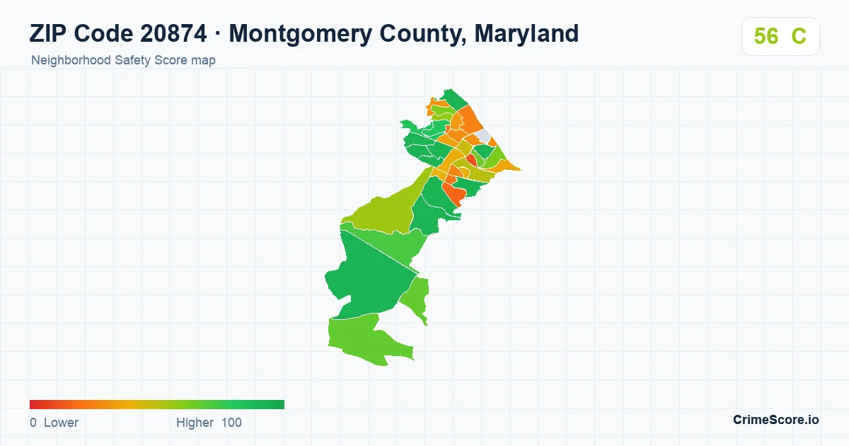ZIP Code 20874 in Montgomery County, Maryland neighborhood Safety Score map