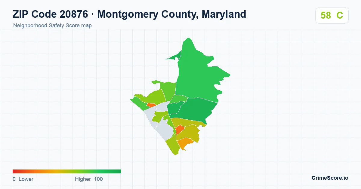 ZIP Code 20876 in Montgomery County, Maryland neighborhood Safety Score map