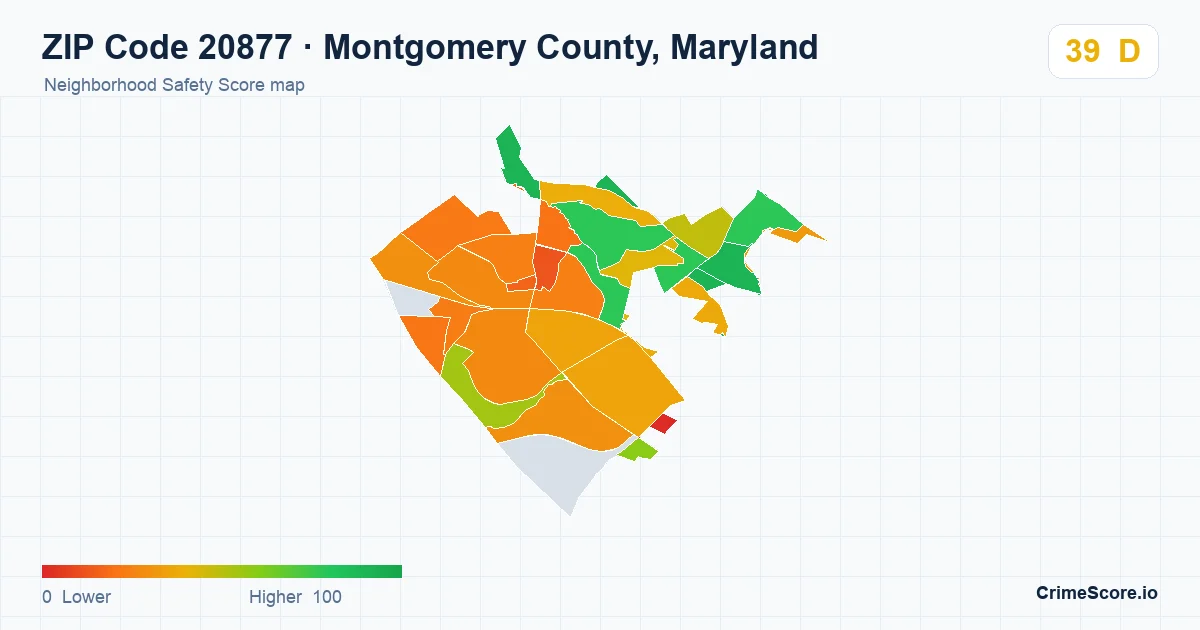 ZIP Code 20877 in Montgomery County, Maryland neighborhood Safety Score map
