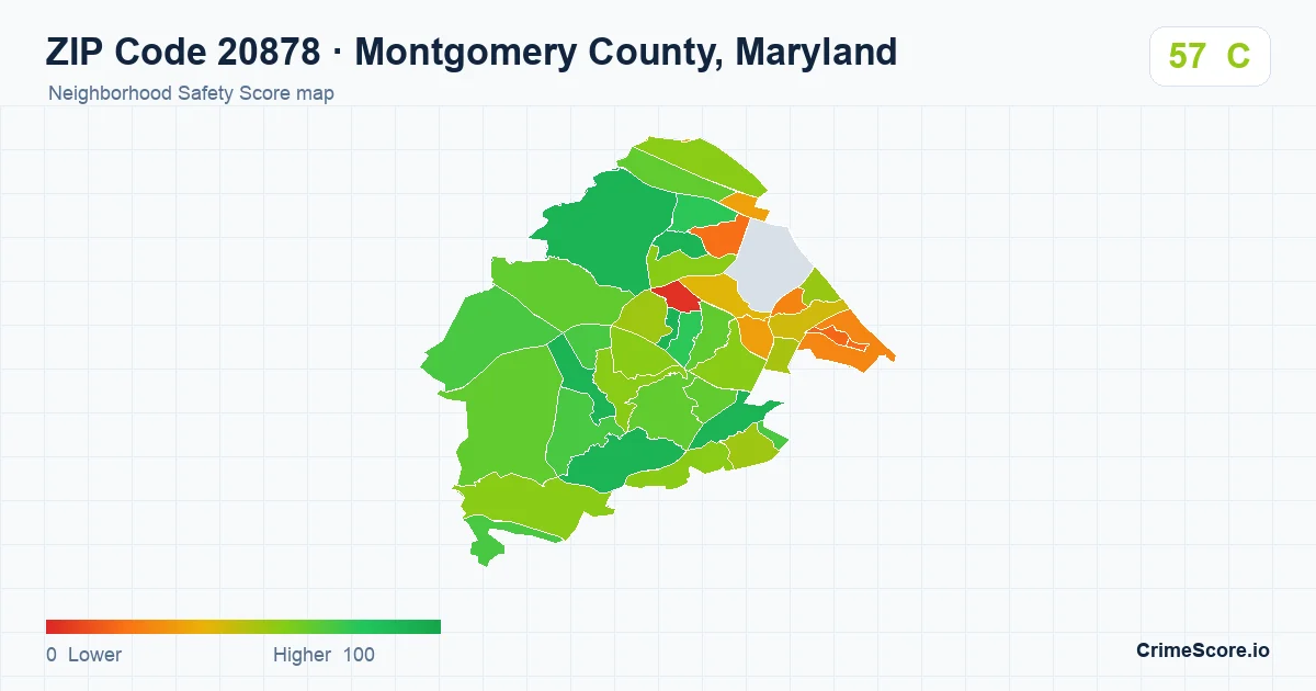 ZIP Code 20878 in Montgomery County, Maryland neighborhood Safety Score map