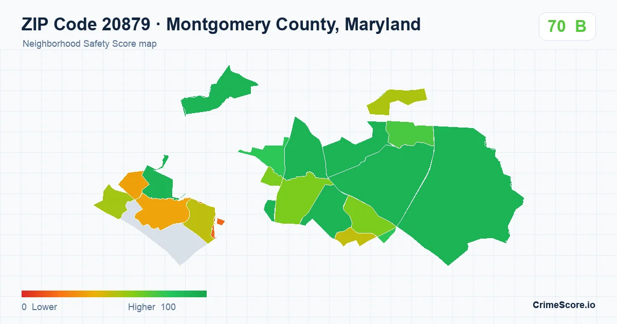 ZIP Code 20879 in Montgomery County, Maryland neighborhood Safety Score map