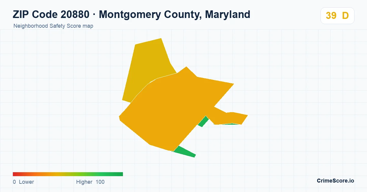 ZIP Code 20880 in Montgomery County, Maryland neighborhood Safety Score map