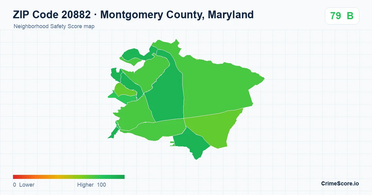 ZIP Code 20882 in Montgomery County, Maryland neighborhood Safety Score map