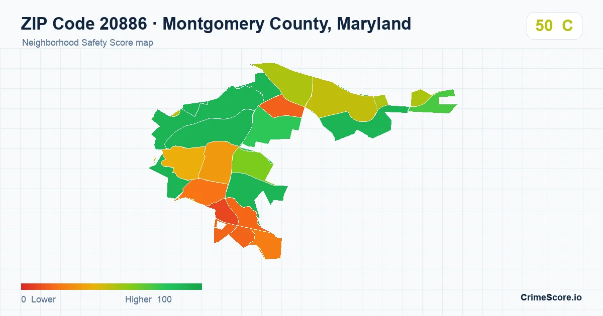 ZIP Code 20886 in Montgomery County, Maryland neighborhood Safety Score map