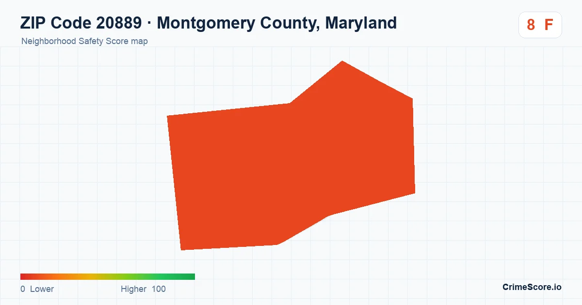 ZIP Code 20889 in Montgomery County, Maryland neighborhood Safety Score map