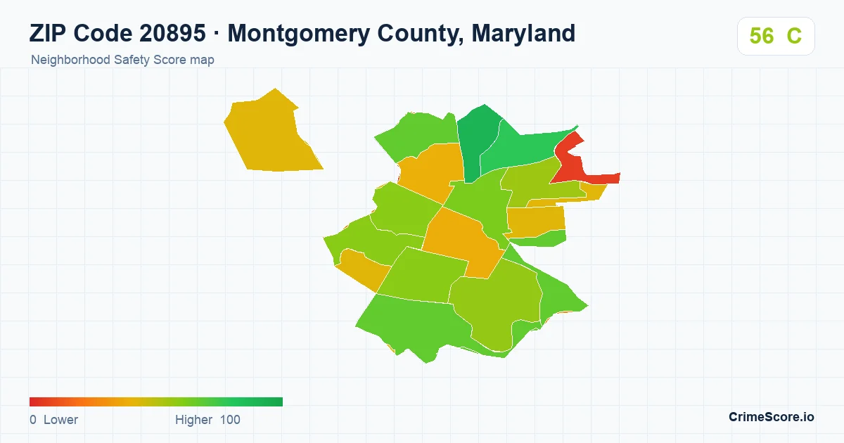 ZIP Code 20895 in Montgomery County, Maryland neighborhood Safety Score map