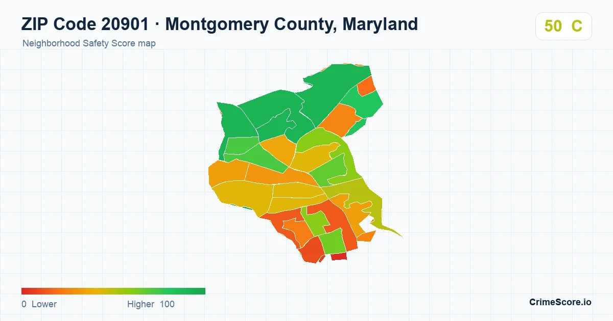 ZIP Code 20901 in Montgomery County, Maryland neighborhood Safety Score map