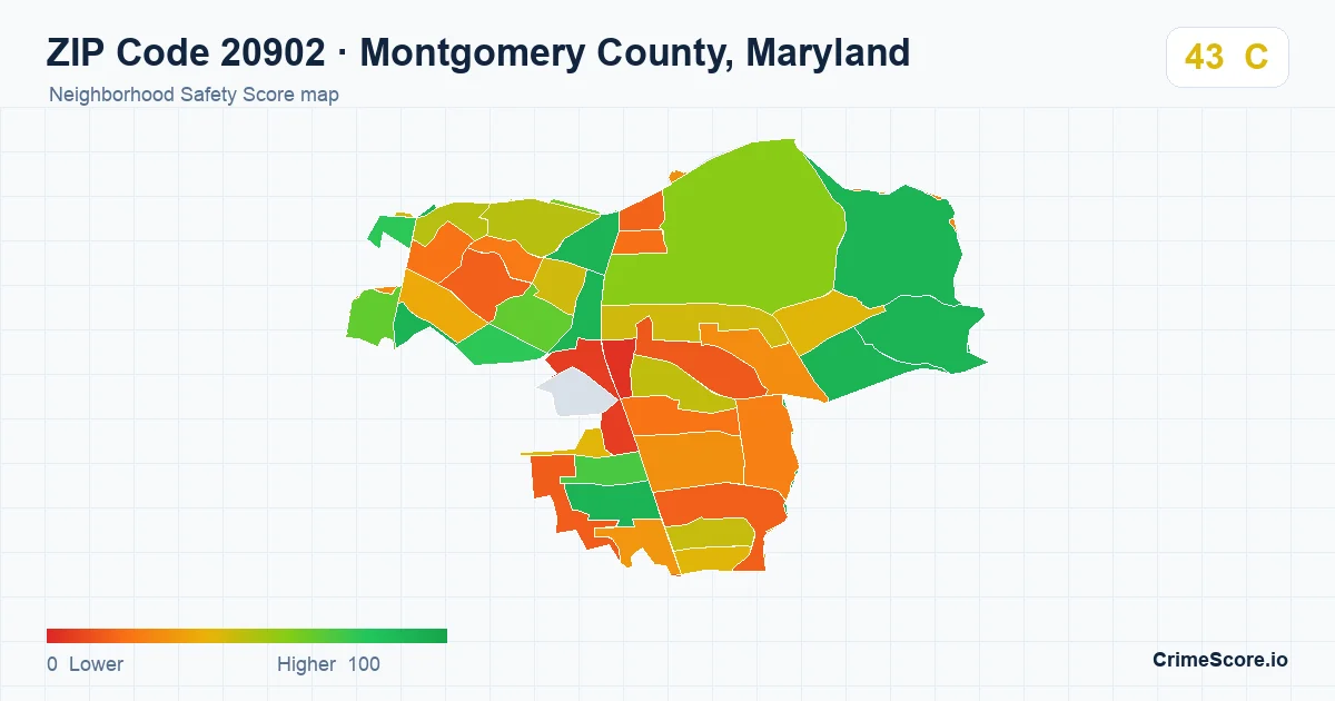 ZIP Code 20902 in Montgomery County, Maryland neighborhood Safety Score map
