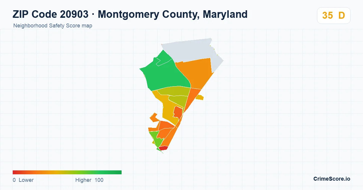 ZIP Code 20903 in Montgomery County, Maryland neighborhood Safety Score map